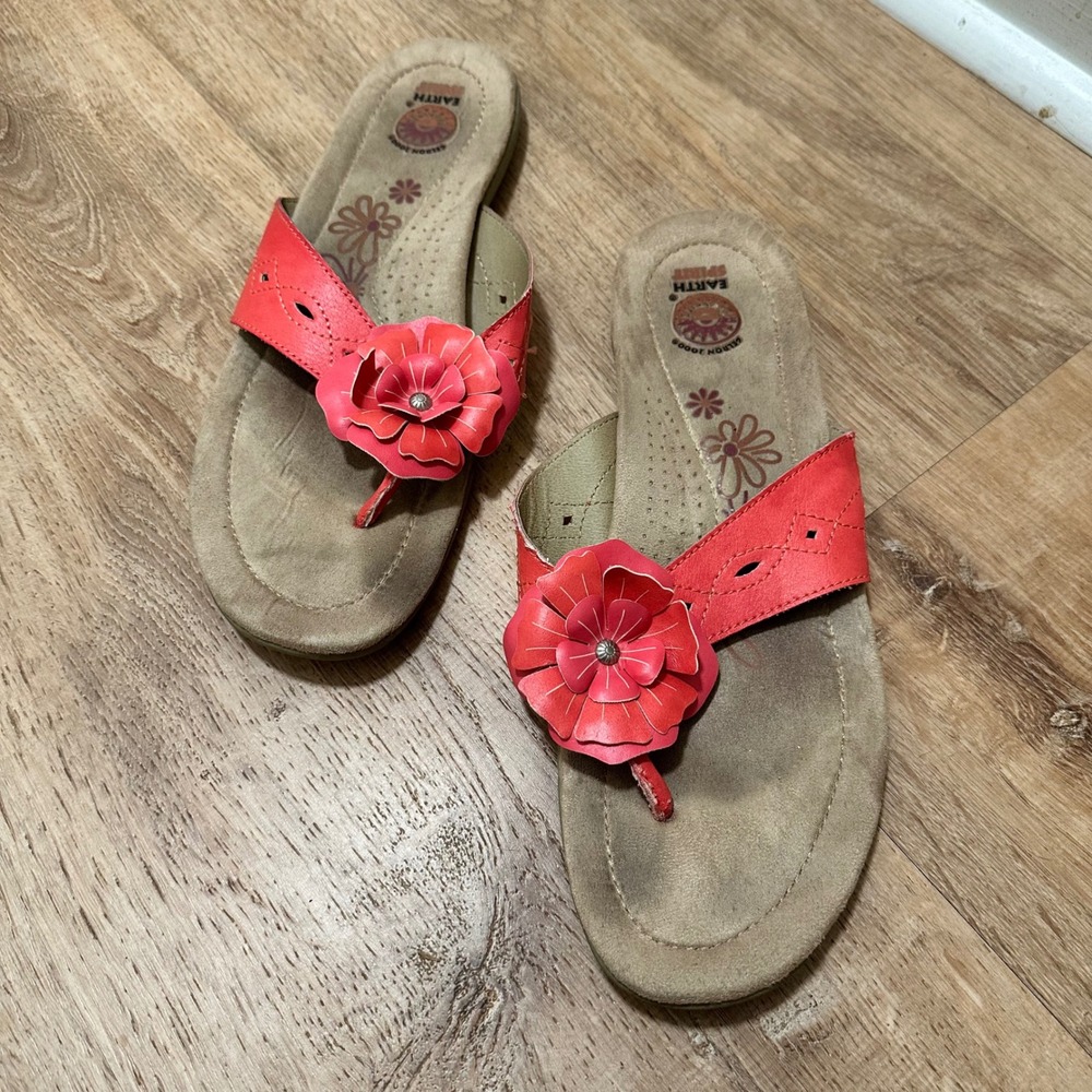 Earth Spirit | Coral Pink Red Floral Thong Summer Spring Sandals Shoe, Size 11